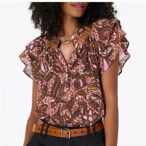 Xirena Summer Earth Floral Batik Boho Flutter Sleeve Top M